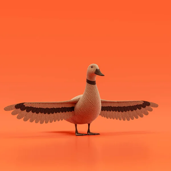 Duck doll, stuffed animal made of fabric single animal from angle view, brown monochrome animal in an orange studio, 3d rendering, nobody