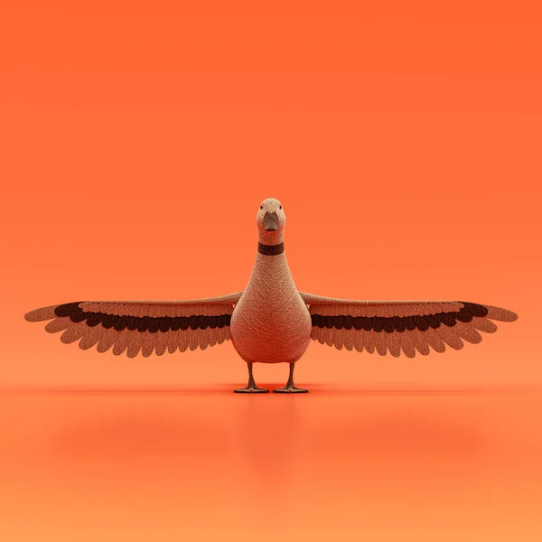 Duck doll, stuffed animal made of fabric single animal from front view, brown monochrome animal in an orange studio, 3d rendering, nobody