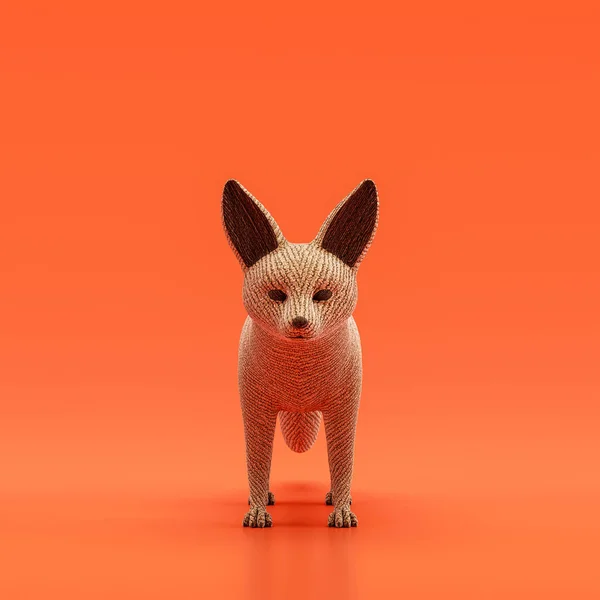 Fennec fox doll, stuffed animal made of fabric single animal from front view, brown monochrome animal in an orange studio, 3d rendering, nobody