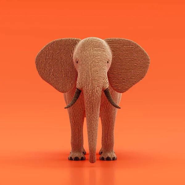 Elephant doll, stuffed animal made of fabric single animal from front view, brown monochrome animal in an orange studio, 3d rendering, nobody
