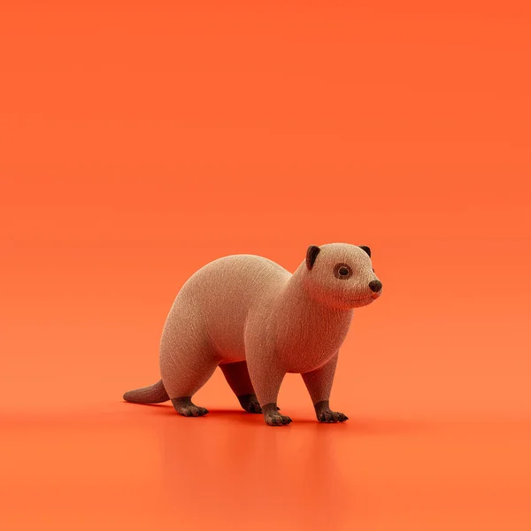 Ferret doll, stuffed animal made of fabric single animal from angle view, brown monochrome animal in an orange studio, 3d rendering, nobody