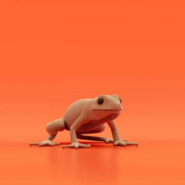 Frog doll, stuffed animal made of fabric single animal from angle view, brown monochrome animal in an orange studio, 3d rendering, nobody