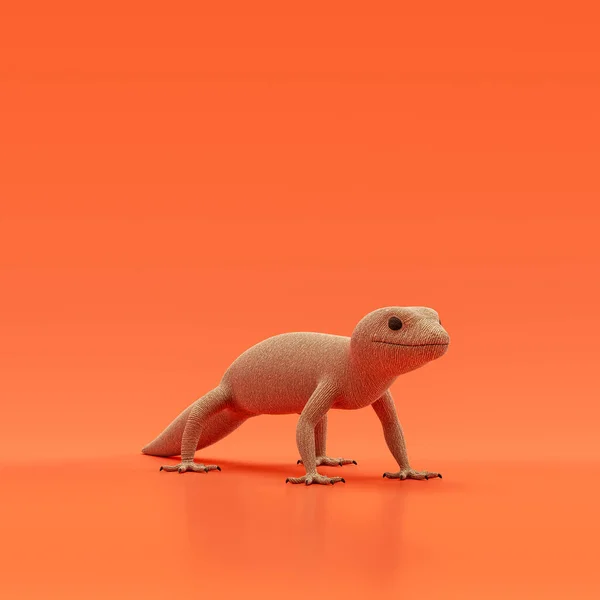 Gecko doll, stuffed animal made of fabric single animal from angle view, brown monochrome animal in an orange studio, 3d rendering, nobody