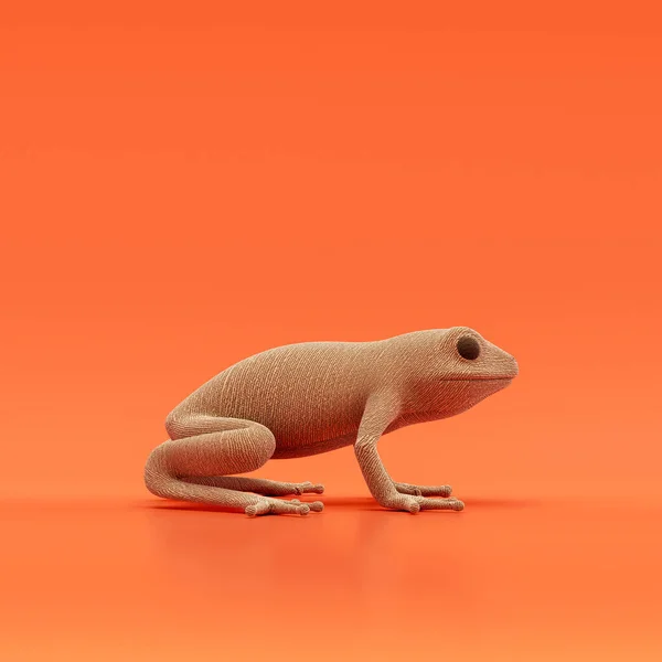 Frog doll, stuffed animal made of fabric single animal from side view, profile, brown monochrome animal in an orange studio, 3d rendering, nobody