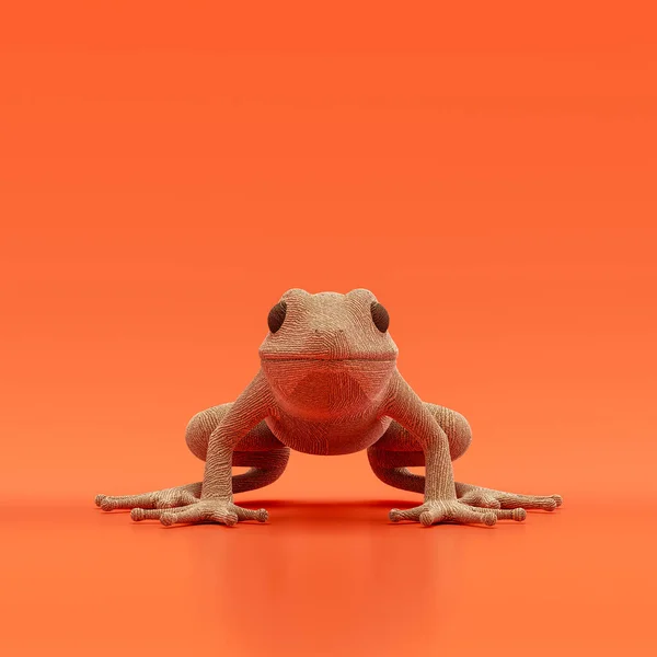 Frog doll, stuffed animal made of fabric single animal from front view, brown monochrome animal in an orange studio, 3d rendering, nobody