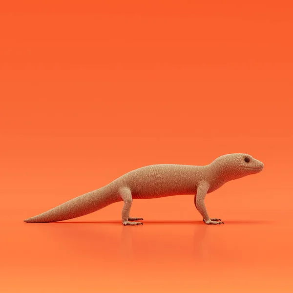 Gecko doll, stuffed animal made of fabric single animal from side view, profile, brown monochrome animal in an orange studio, 3d rendering, nobody