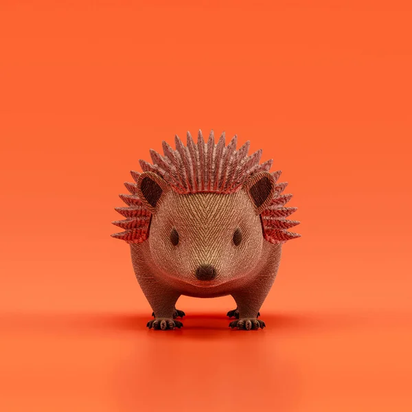 Hedgehog doll, stuffed animal made of fabric single animal from front view, brown monochrome animal in an orange studio, 3d rendering, nobody