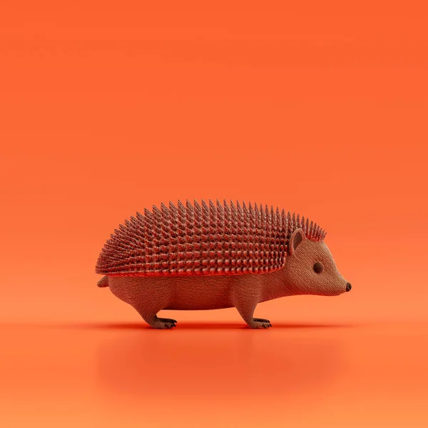 Hedgehog doll, stuffed animal made of fabric single animal from side view, profile, brown monochrome animal in an orange studio, 3d rendering, nobody