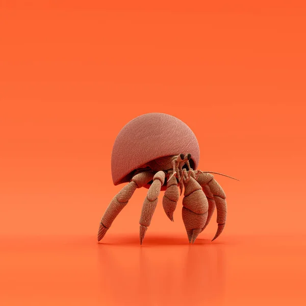Hermit crab doll, stuffed animal made of fabric single animal from angle view, brown monochrome animal in an orange studio, 3d rendering, nobody