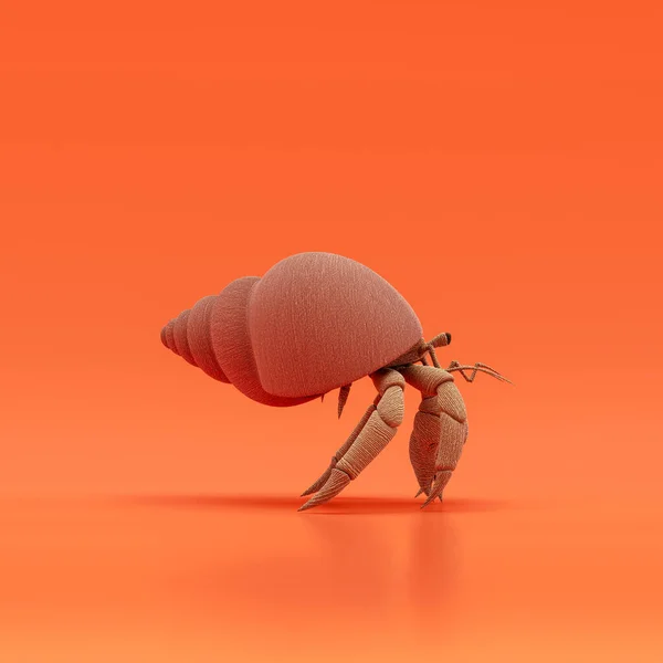 Hermit crab doll, stuffed animal made of fabric single animal from side view, profile, brown monochrome animal in an orange studio, 3d rendering, nobody