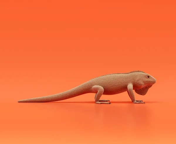Iguana doll, stuffed animal made of fabric single animal from side view, profile, brown monochrome animal in an orange studio, 3d rendering, nobody