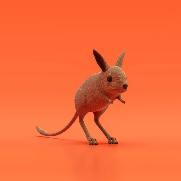 Jerboa doll, stuffed animal made of fabric single animal from angle view, brown monochrome animal in an orange studio, 3d rendering, nobody