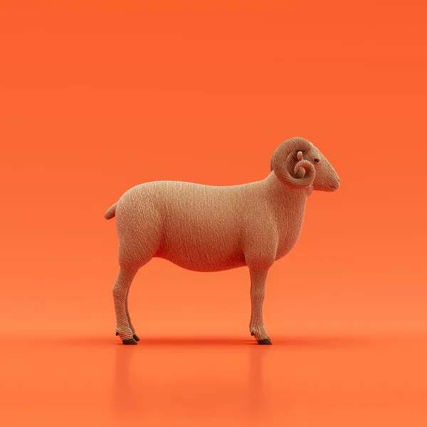 Ram sheep doll, stuffed animal toy made of cloth, single animal from side view, profile, handmade animal, 3d rendering, nobody