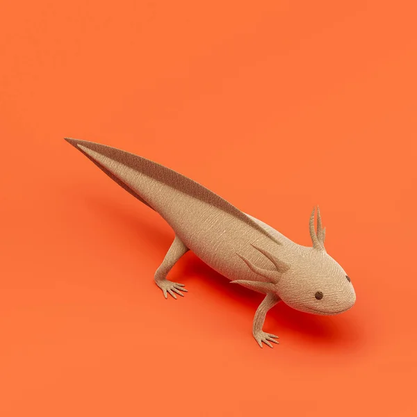 Axolotl doll, stuffed animal made of fabric single animal from isometric view, brown monochrome animal in an orange studio, 3d rendering, nobody