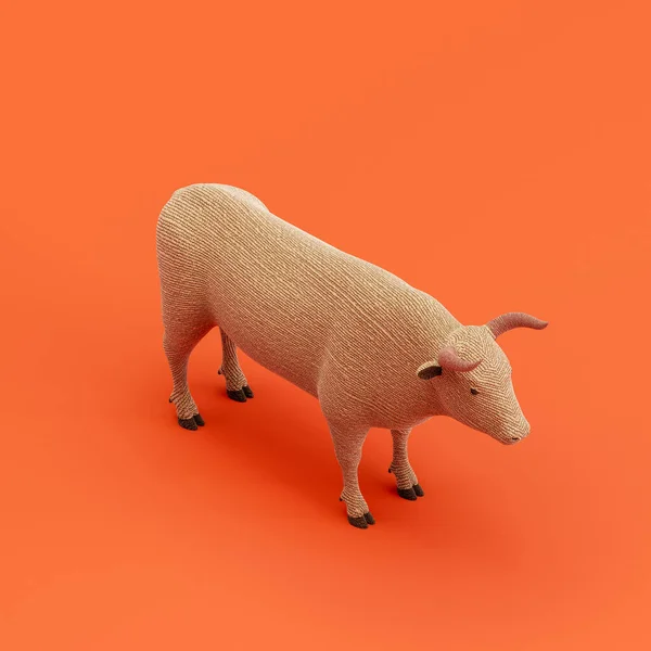 Bull doll, stuffed animal made of fabric single animal from isometric view, brown monochrome animal in an orange studio, 3d rendering, nobody