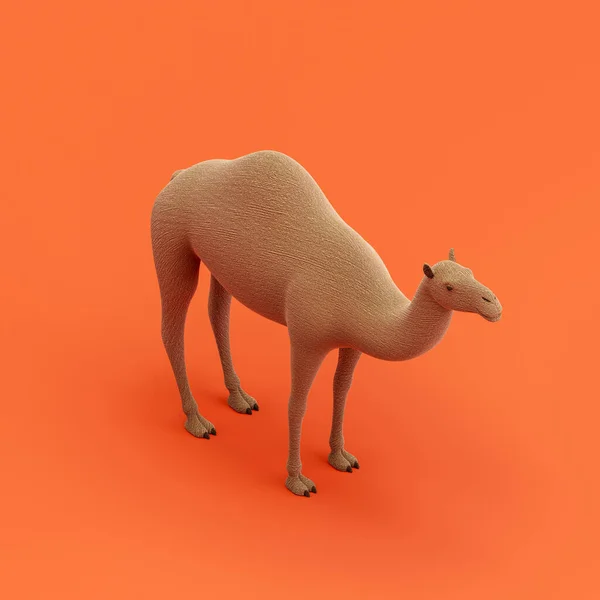 Camel doll, stuffed animal made of fabric single animal from isometric view, brown monochrome animal in an orange studio, 3d rendering, nobody