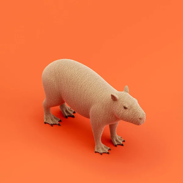 Capybara doll, stuffed animal made of fabric single animal from isometric view, brown monochrome animal in an orange studio, 3d rendering, nobody