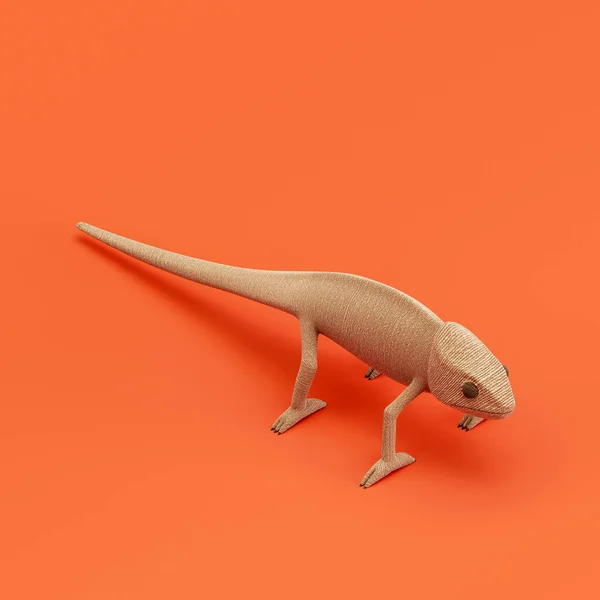 Chameleon doll, stuffed animal made of fabric single animal from isometric view, brown monochrome animal in an orange studio, 3d rendering, nobody