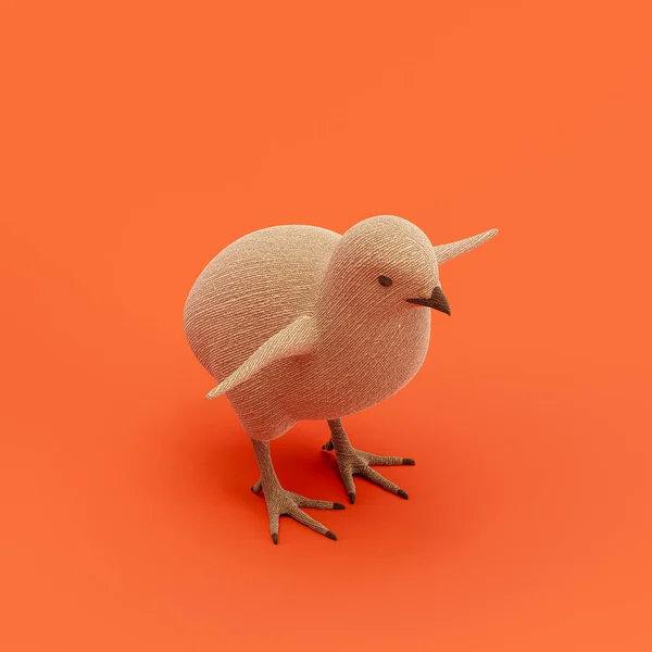 Chick doll, stuffed animal made of fabric single animal from isometric view, brown monochrome animal in an orange studio, 3d rendering, nobody