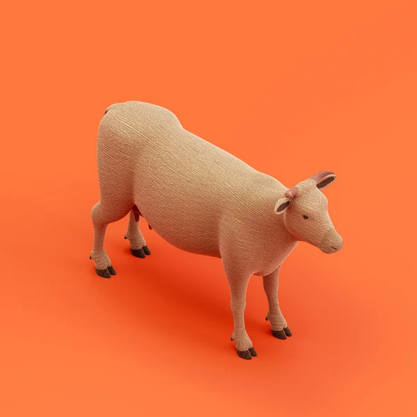 Cow doll, stuffed animal made of fabric single animal from isometric view, brown monochrome animal in an orange studio, 3d rendering, nobody
