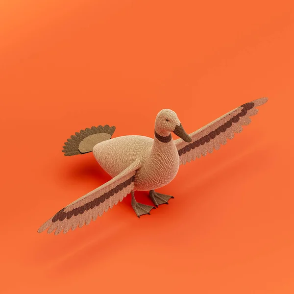 Duck doll, stuffed animal made of fabric single animal from isometric view, brown monochrome animal in an orange studio, 3d rendering, nobody