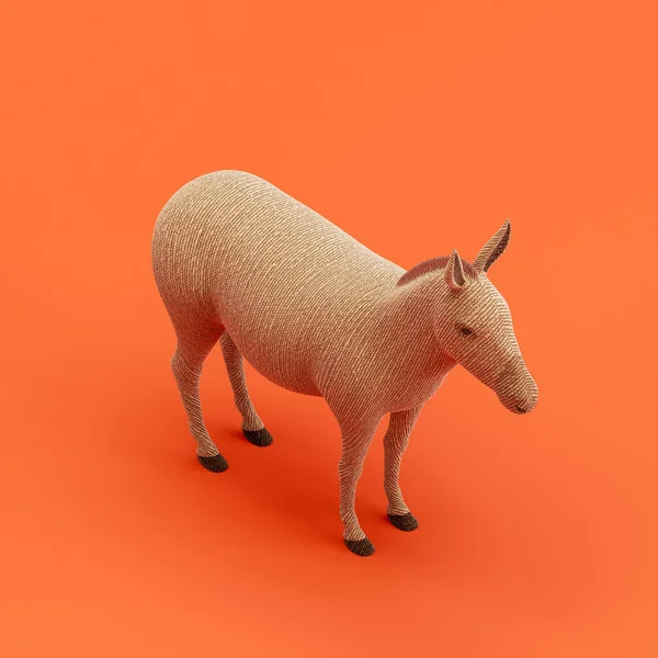 Donkey doll, stuffed animal made of fabric single animal from isometric view, brown monochrome animal in an orange studio, 3d rendering, nobody