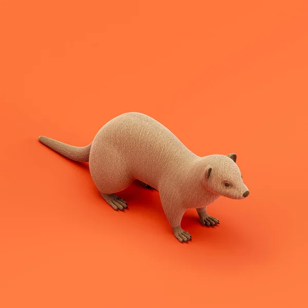 Ferret doll, stuffed animal made of fabric single animal from isometric view, brown monochrome animal in an orange studio, 3d rendering, nobody