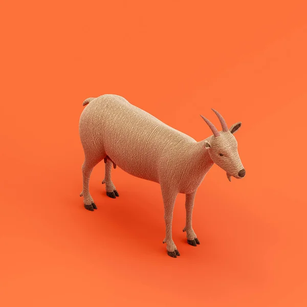 Goat doll, stuffed animal made of fabric single animal from isometric view, brown monochrome animal in an orange studio, 3d rendering, nobody