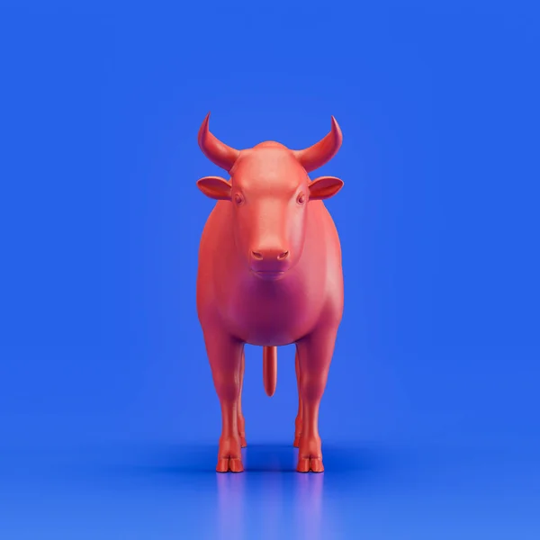 Bull monochrome single color animal. Red color single animal from front view, Monochrome animal in blue studio, 3d rendering, nobody
