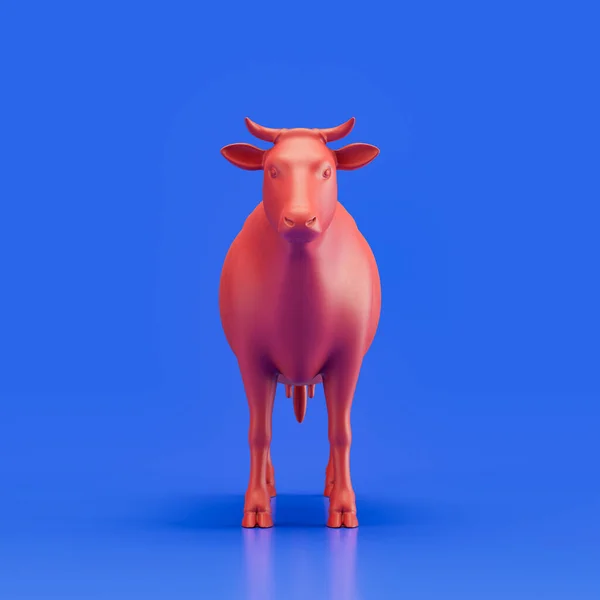 Cow monochrome single color animal. Red color single animal from front view, Monochrome animal in blue studio, 3d rendering, nobody
