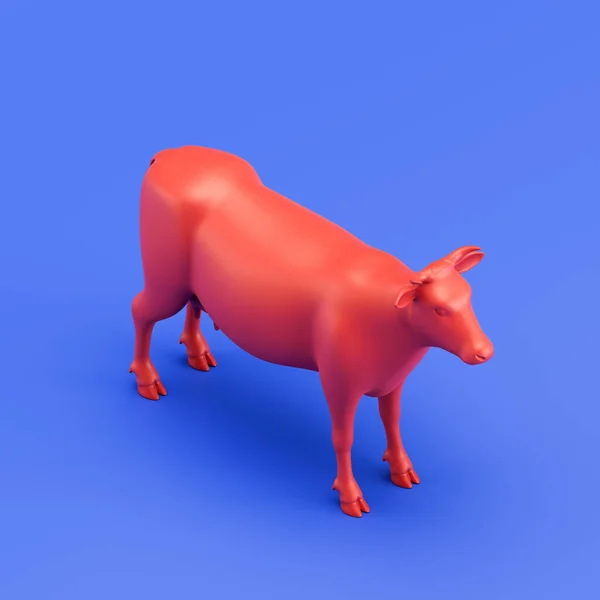 Cow monochrome single color animal. Red color single animal from isometric view, Monochrome animal in blue studio, 3d rendering, nobody