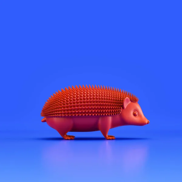 Hedgehog monochrome single color animal. Red color single animal from side view, profile, Monochrome animal in blue studio, 3d rendering, nobody