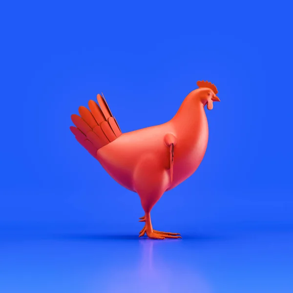 Hen monochrome single color bird. Red color single bird from side view, profile, Monochrome animal in blue studio, 3d rendering, nobody
