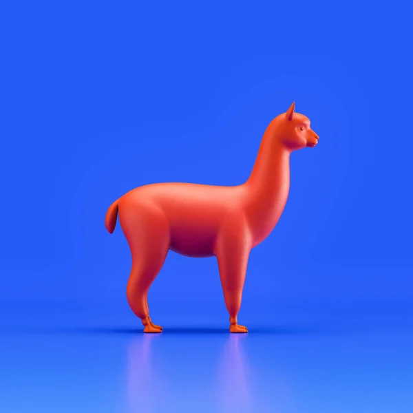 Alpaca monochrome single color animal. Red color single animal from side view, profile, Monochrome animal in blue studio, 3d rendering, nobody
