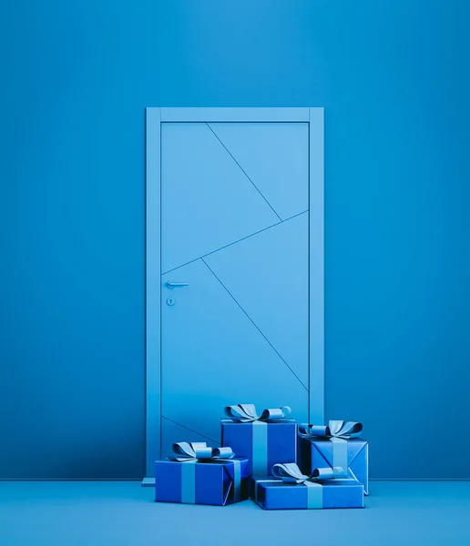 Entrance of a house with blue gift boxes in front of a blue house door. A single blue door in a monochrome blue background. 3d rendering. nobody