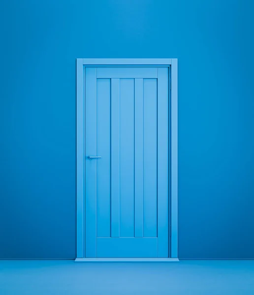 Monochrome single color blue house door. Front door view of a house entrance. Flat blue color door. 3d rendering, nobody