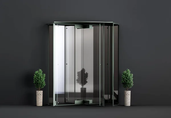 A glass revolving door used in modern mall, office or skyscraper entrance with plants front of it. 3d rendering, nobody