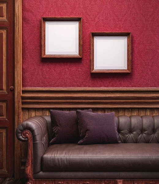 Two square picture frames hanging on the wall of an old mansion house. Antique vintage style Victorian interior room with poster frame, 3d rendering. Nobody.