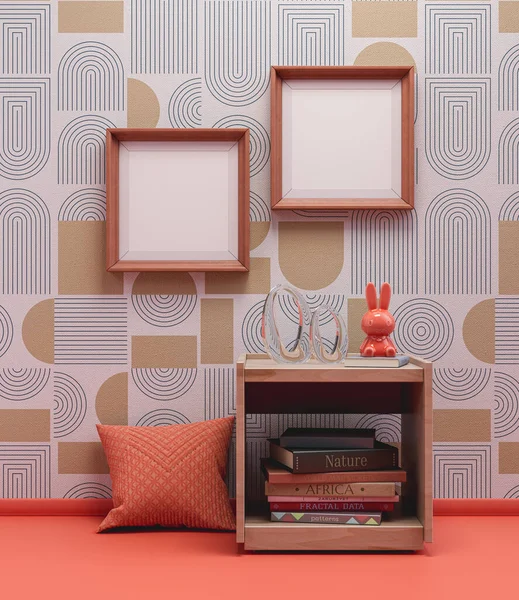 Two square picture frames in brown color on the wall in a colorful interior room for posters and product showcase. Modern interior room for posters. 3D Rendering, nobody.