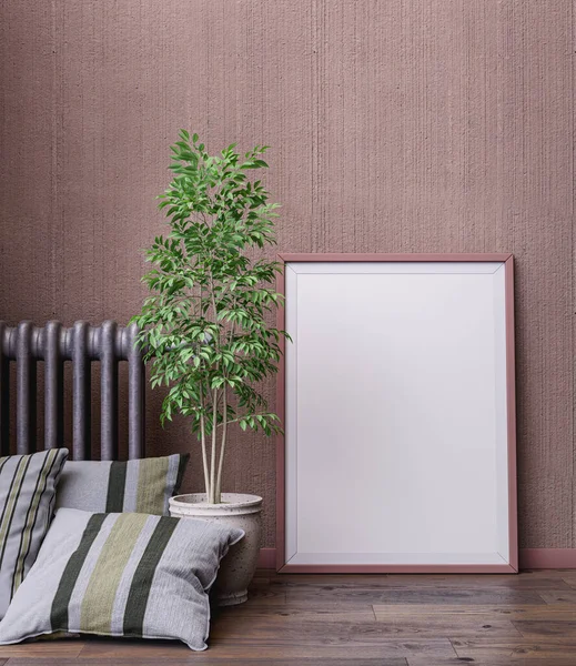 Single Vertical picture frame in brown color standing on the floor in a brown interior room for product showcase and copy space. Modern interior room for posters. 3D Rendering, nobody.