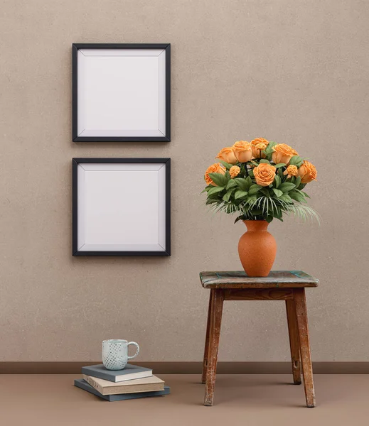 Two square picture frames in black color on the wall in a light brown interior room for posters and product showcase. Modern interior room for posters. 3D Rendering, nobody.