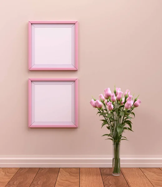 Two square picture frames in pink color on the wall in a light brown interior room for posters and product showcase. Modern interior room for posters. 3D Rendering, nobody.
