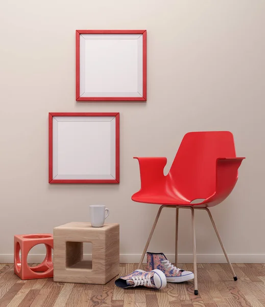 Two square picture frames in red color on the wall in a light brown interior room for posters and product showcase. Modern interior room for posters. 3D Rendering, nobody.
