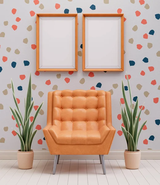 2 vertical poster frame in a colorful room with furniture. Empty picture frames on the wall. 3d rendering, nobody