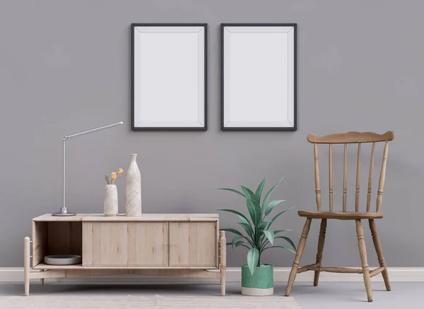 2 vertical poster frame in a colorful room with furniture. Empty picture frames on the wall. 3d rendering, nobody