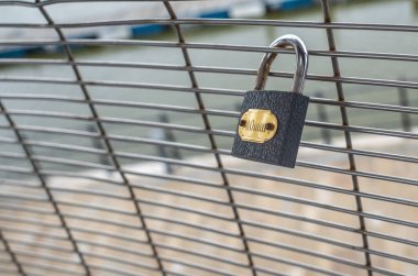 Single grey padlock on a wire mesh fence with gold lable with out of focus background. clipart