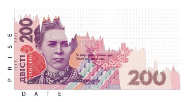 Düşen borsa grafiğine 200 Hryvnia banknotu, fiyat ve zaman eksenleriyle birlikte, para biriminin devalüasyonu ve enflasyon kavramını sembolize eder
