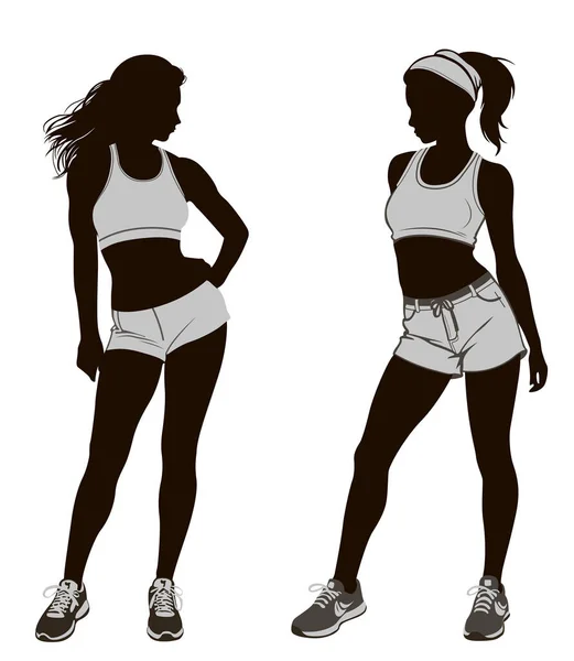 Vector Black White Silhouette Two Slim Athletic Girls Posing Sexy — Stock Vector