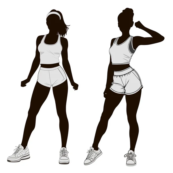 矢量黑色和白色轮廓 两个苗条的女运动员摆出性感的姿势 — 图库矢量图片
