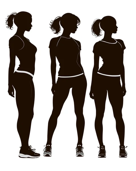 Black Silhouettes Three Girls Isolated White Background Girl Standing Motionless — Stock Vector